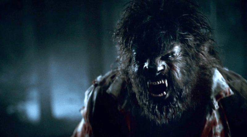 Wolf Man: Dark forest; werewolf snarling